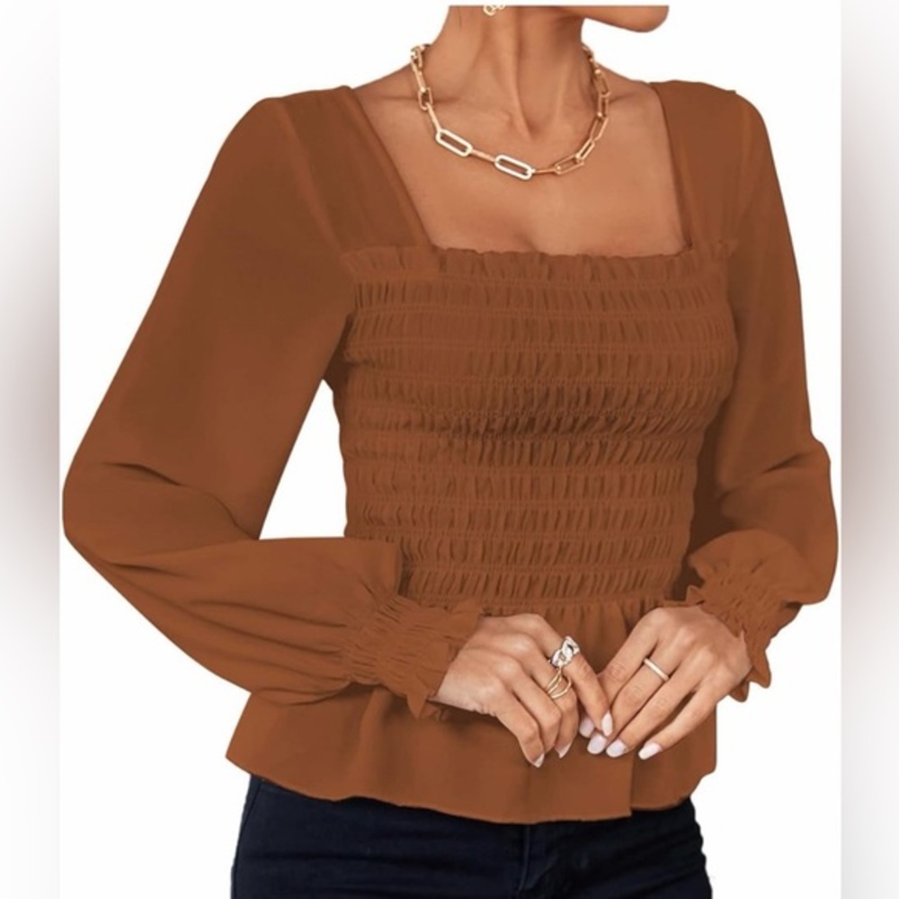Elegant Brown Smocked Women's Top
